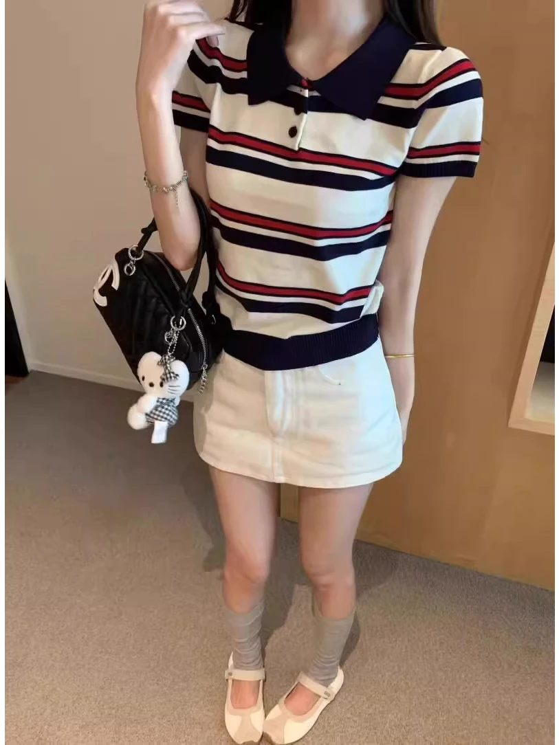 Slim Fit  Neck Short Sleeve T-Shirt Women's Summer New Style Hong Kong Flavor Striped Knitted Sweater Thin Shoulder Trend...
