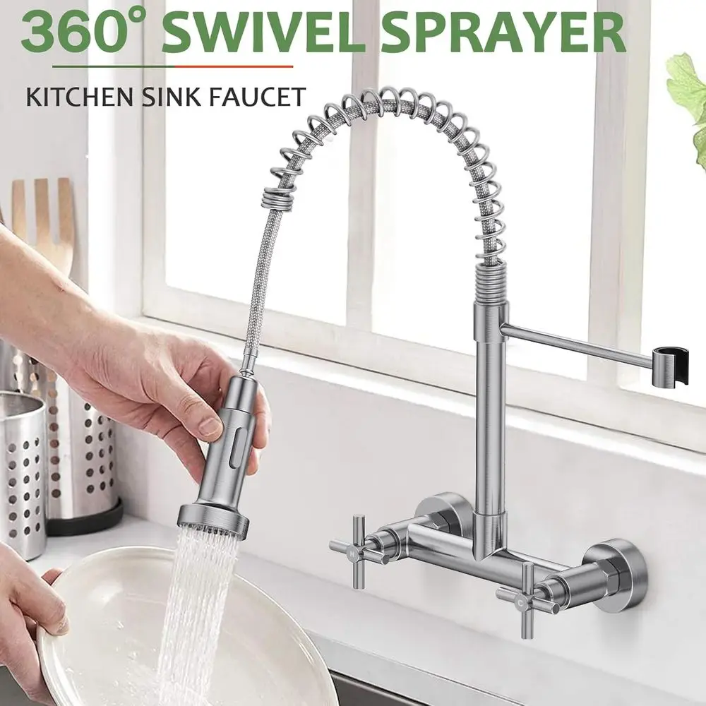 8 Torneira de montagem em parede com pulverizador pull-down de 2 alças em níquel escovado para cozinha e lavanderia