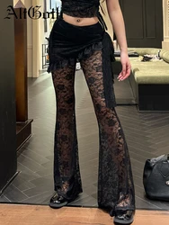 AltGoth Gothic Dark Lace Pants Women Vintage Y2k Streetwear Emo Sexy See Through Velevt Patchwork High Waist Flare Pants Female