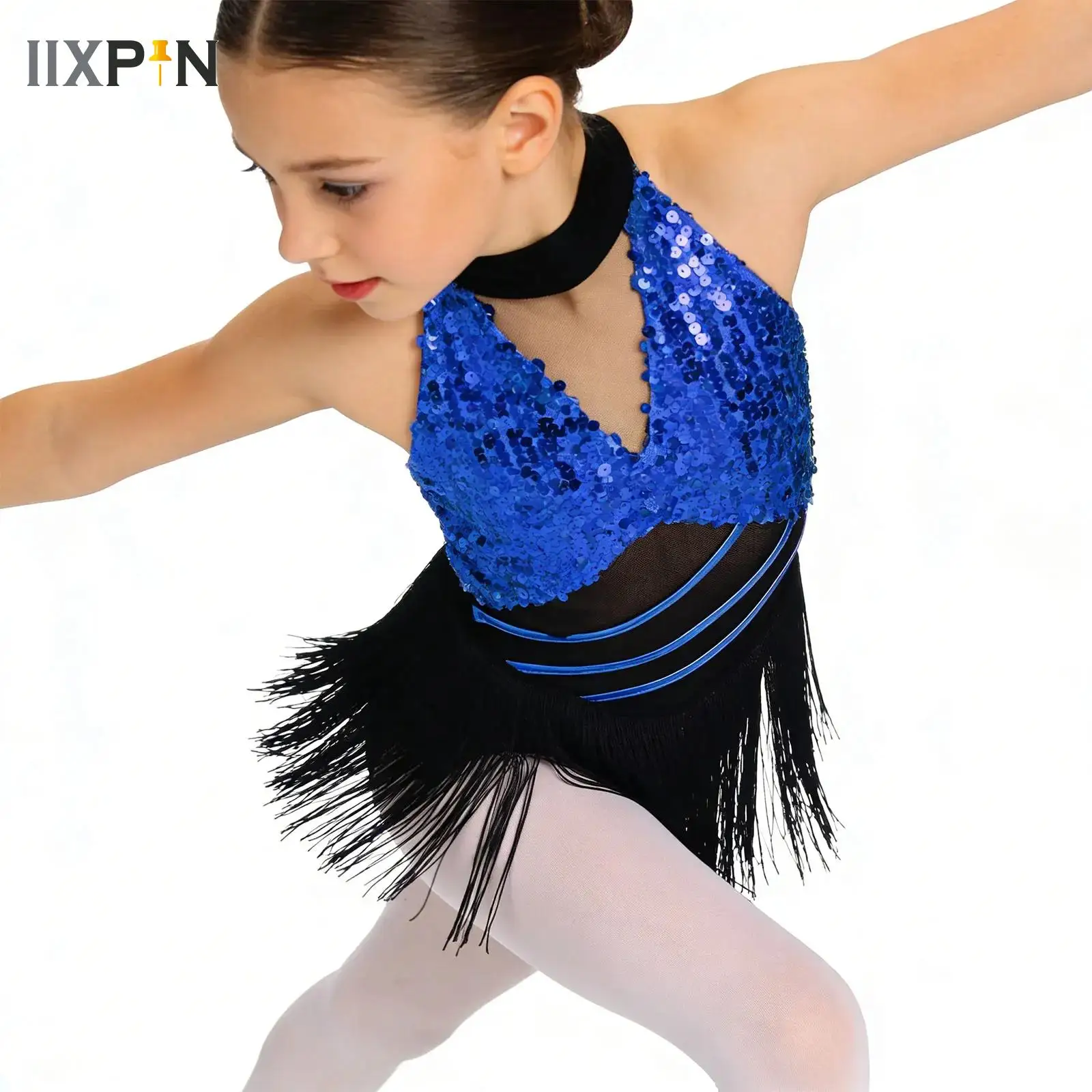 

Kids Girls Acrobatics Gymnastics Jersey Jazz Latin Dance Dress Performance Costume Shiny Sequin Ballet Tutu Tassels Leotard Wear