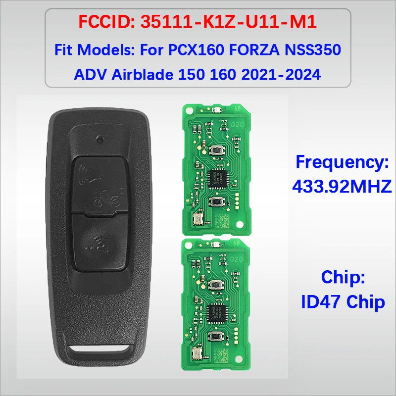 

MK0019 Aftermarket 2Buttons Smart Key FCC 35111-K1Z-U11-M1 ID47 Chip 433.92MHz For PCX FORZA NSS350 ADV Airblade 150 160 2021-24