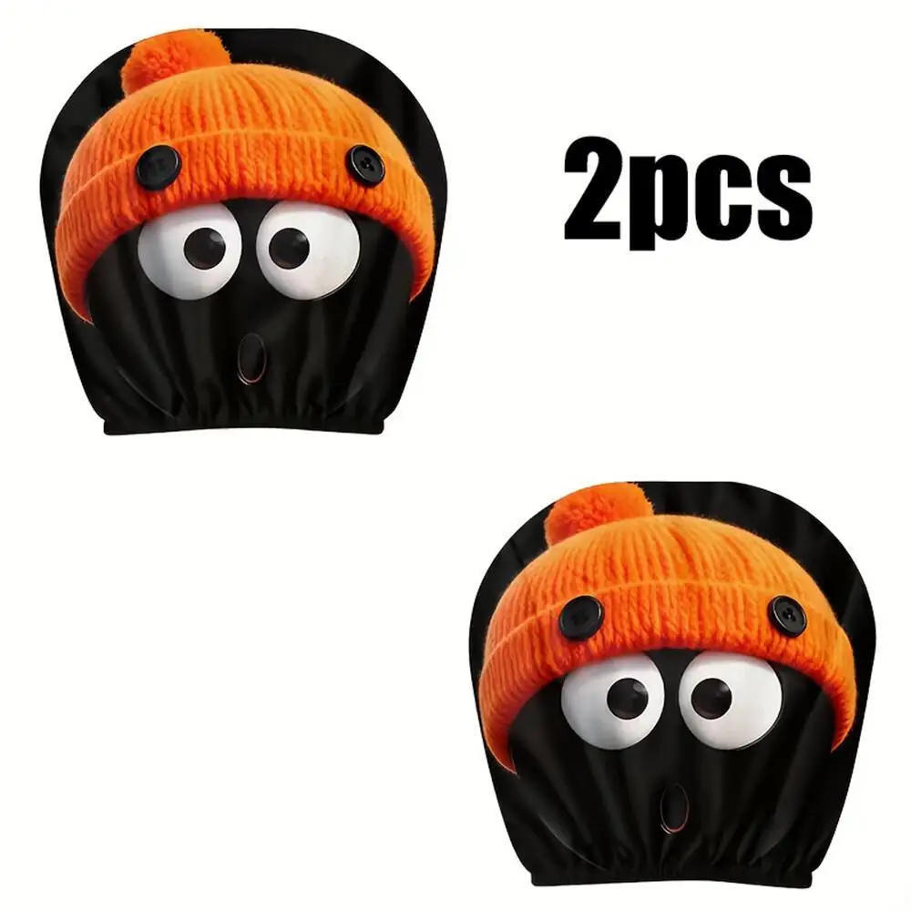 2 Pieces Cute  Coal Ball  Car Headrest Covers with Orange Beanies, 2D Printed, Elastic, Universal Car Seat Headrest Protectors view 6