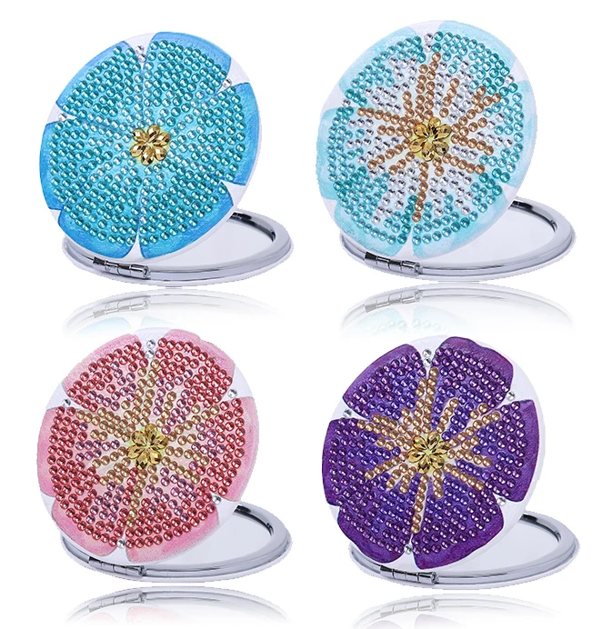 1 DIY-Diamant-Malerei-Set mit Blumenmuster, Diamant-Kunstspiegel-Set aus PU-Ledermaterial für Make-up-Spiegel, tragbar für unterwegs