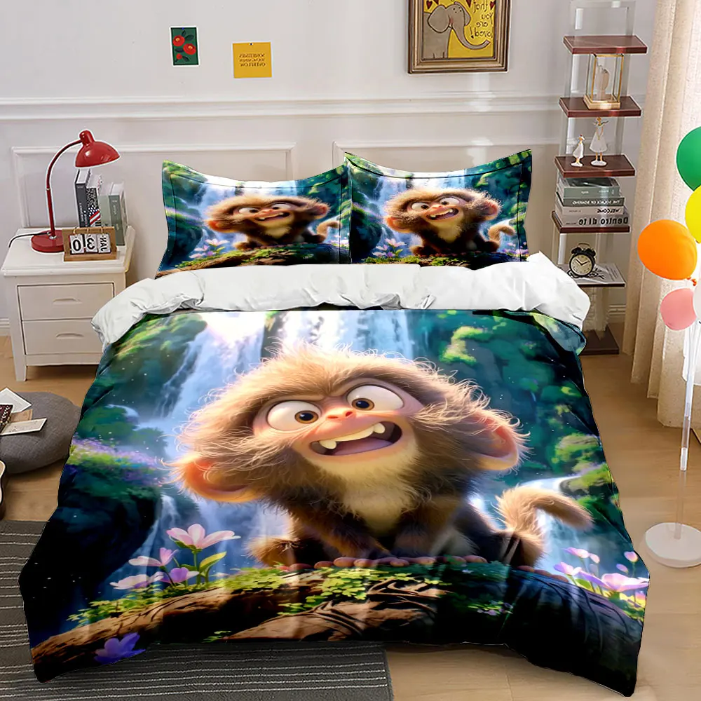 Furry creature with waterfall nature scene Print Bedding Set 1 Duvet Cover 2 Pillowcases for Adult and Children Luxury Gift