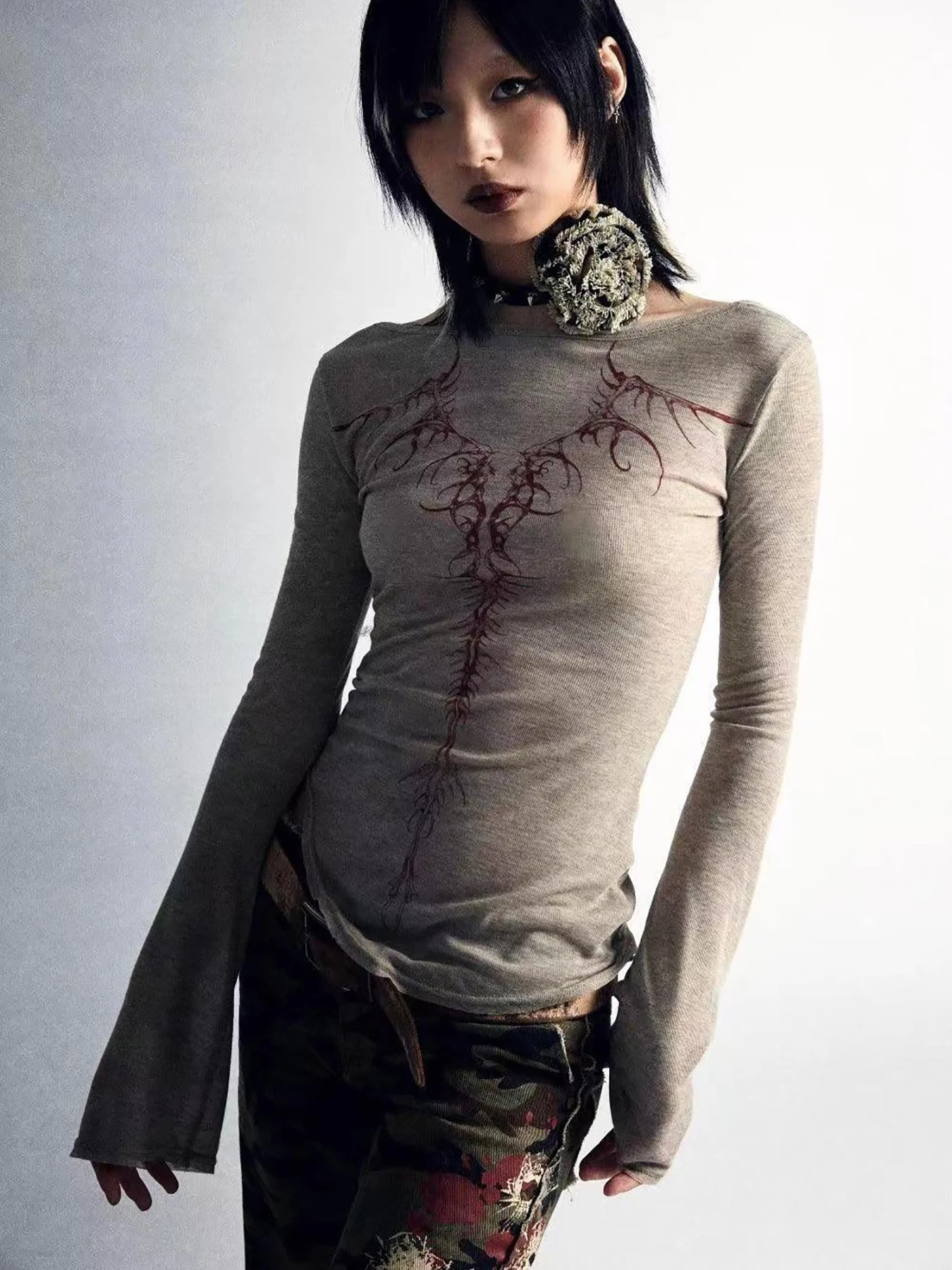 New reversible versatile sexy slim fit printed square neck niche thin top shirt for women's outerwear