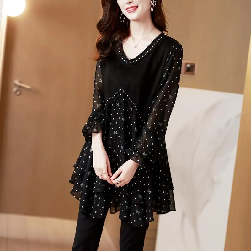 Spring New V-neck Fashion Long Sleeve Blouse Women High Street Casual Loose Polka Dot Printing Pullovers Elegant Mid-length Tops