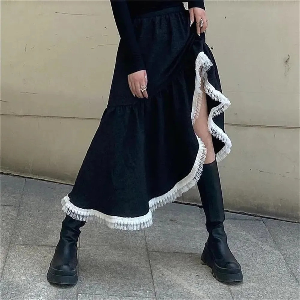 Y2K gothic Irregular fishtail lace stitching Midi skirt Women 4XL Vintage Lolita black skirt Summer HIgh Waist Pleated skirt