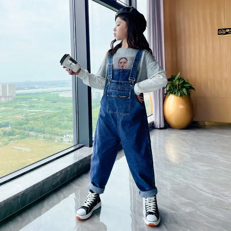 New Girl Jumpsuit Fashion Solid Color Jeans Overalls for Kids Teenage Cotton Suspenders Clothes Loose Children Denim Romper