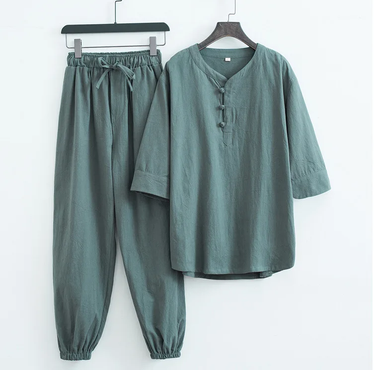Baumwoll-Leinen-Kleidungsset im Zen-Stil für Männer und Frauen, lässig, bequem, atmungsaktiv, Sommermode, traditionell chinesisch – Detail 12