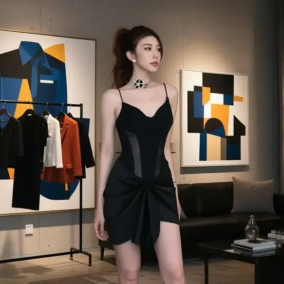 

Elegant Black Bodycon Mini Dress with Sheer Mesh Panels Deep V Neck Spaghetti Straps Satin Bow Detail Party Dress Evening Club