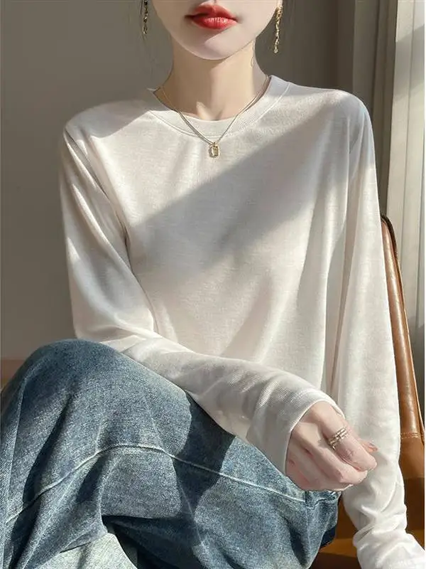 レースルロングスリーブラウンドネック軽量ルーズレディースTシャツシルク春夏インナーTシャツエアコンTシャツ