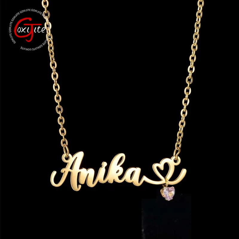Goxijite Custom Name Birthstone Gold Plated Necklace For Women Personalized Heart Stone Statement Choker Necklaces Jewelry Gift