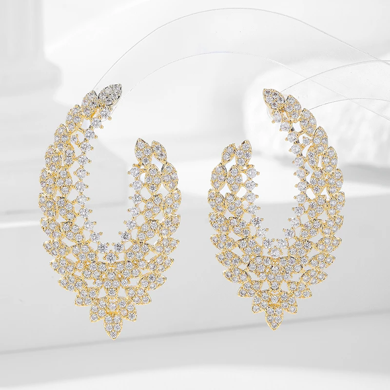 

SENYU New Twine Leaf Design Big Stud Earrings Pave Mini Zircon Bridal Jewelry Luxury Party High Quality CZ Earrings for Wedding