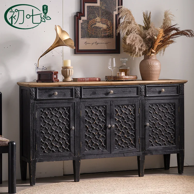 Medieval style home solid wood porch cabinet, age sense antique furniture decorative cabinet, personalized engraving four-door l