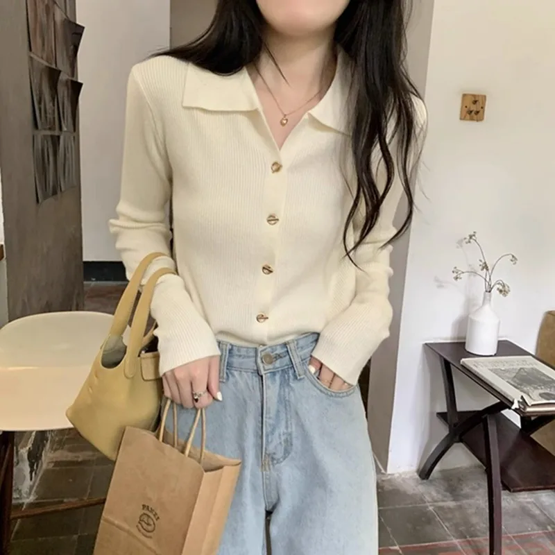 2024 New Solid Color Polo Collar Autumn New Chic Commuter Simple Long Sleeve Knitted Cardigan Outer Wear Chic Top