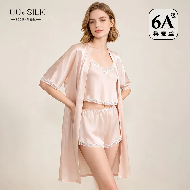 Sexy Lace Trim 100% Mulberry Silk Pajamas Set 3 Piece Robe Cami Shorts Sleepwear Women Wedding Night Lingerie