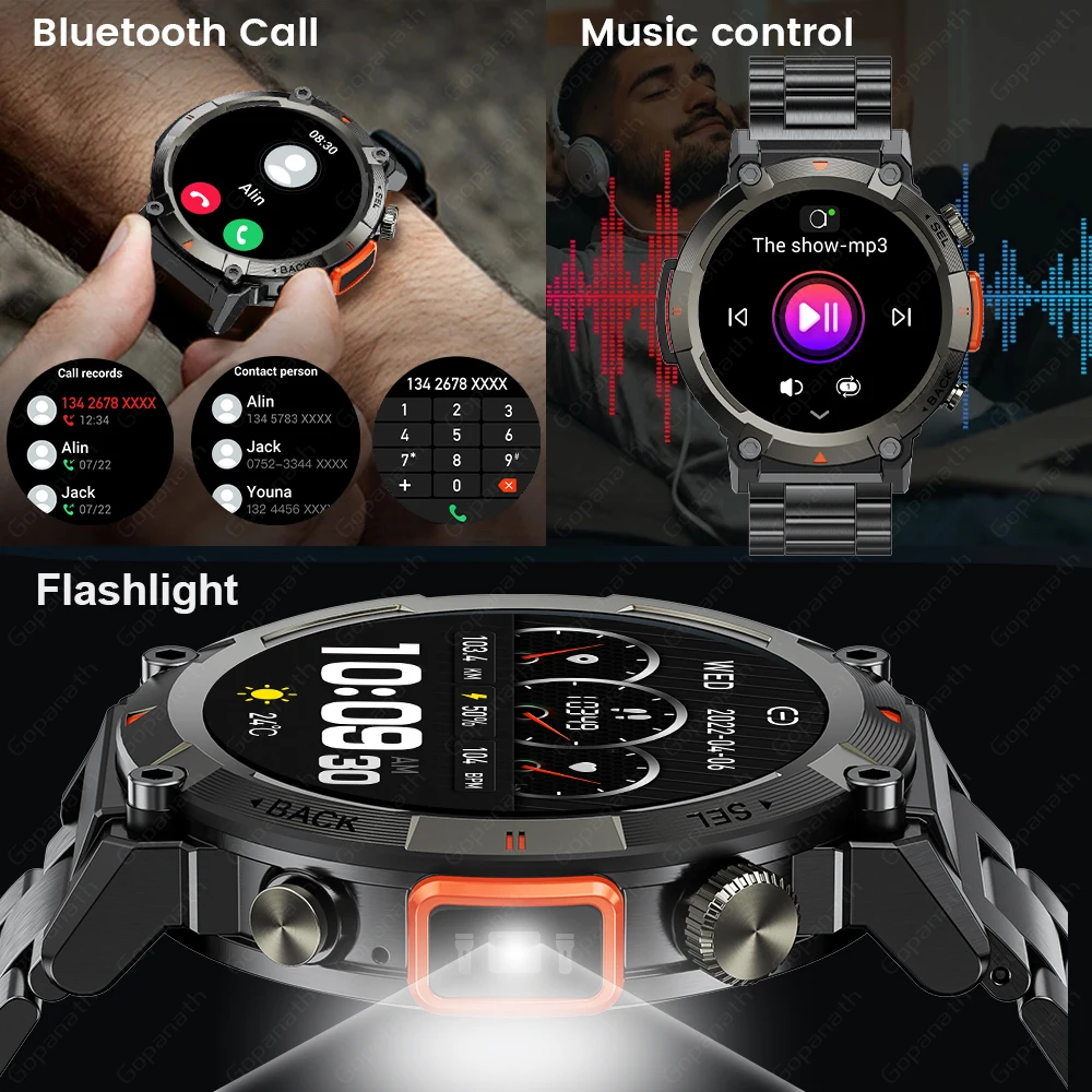 2023New Outdoor Smartwatch For Men With Flashlight Multi-Sport Fitness Blood Pressure IP67 Waterproof Smartwatch For Android IOS