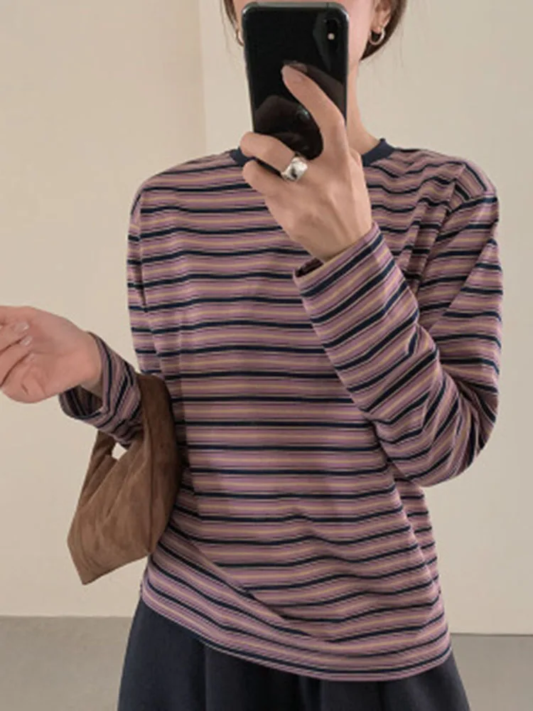 

Y2K женская футболка корейская свободная горизонтальная полоска с круглым вырезом и длинным рукавом базовый топ зимний повседневный