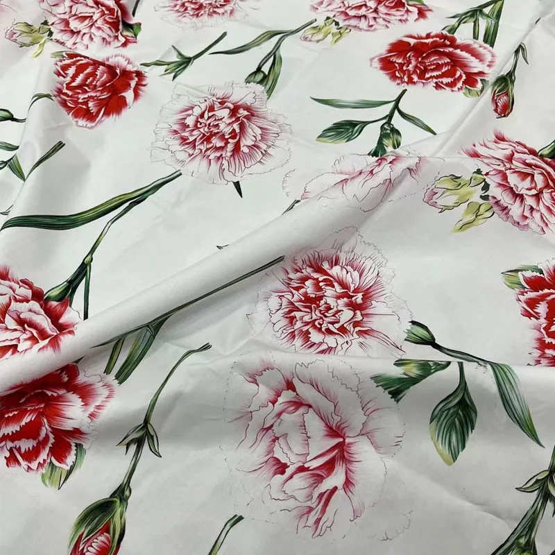 European And American Pink Carnation Flower Printed Cotton Fabric For Women Dress Blouse Pants Handmade DIY Cloth Sewing