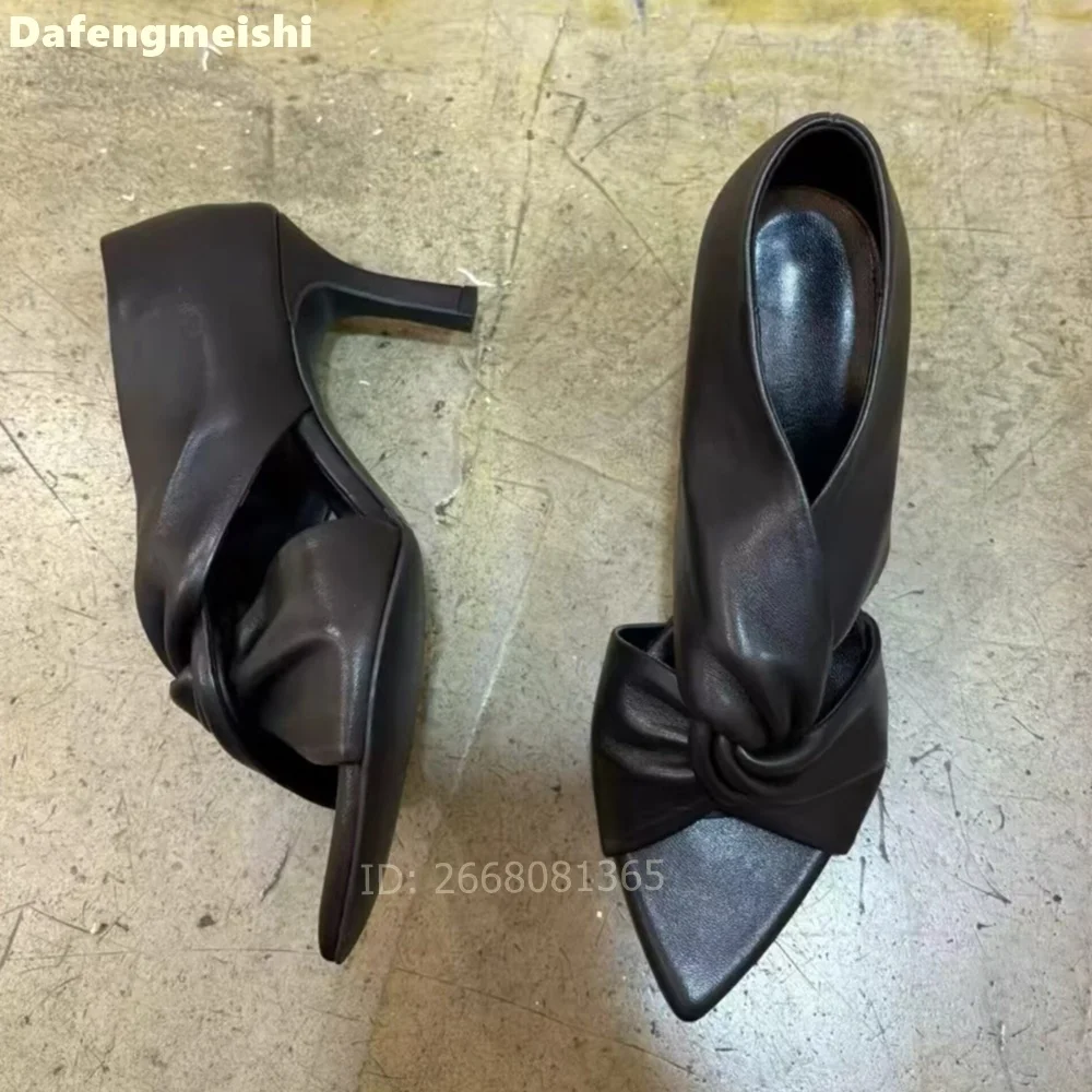 Women Black Leather Twisted Knot Sandals Pointed Toe Mid Kitten Heel Pumps Summer Casual Office Party Elegant Shoes Size 35-40