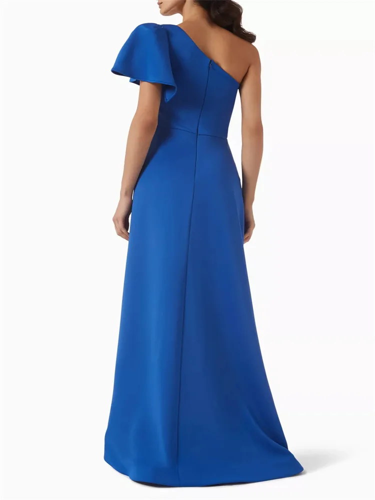 Customized Simple Blue Ribbon Evening Dress, One-shoulder Sleeves With Large Ribbon Decoration, Waist And Irregular Skirt Dress