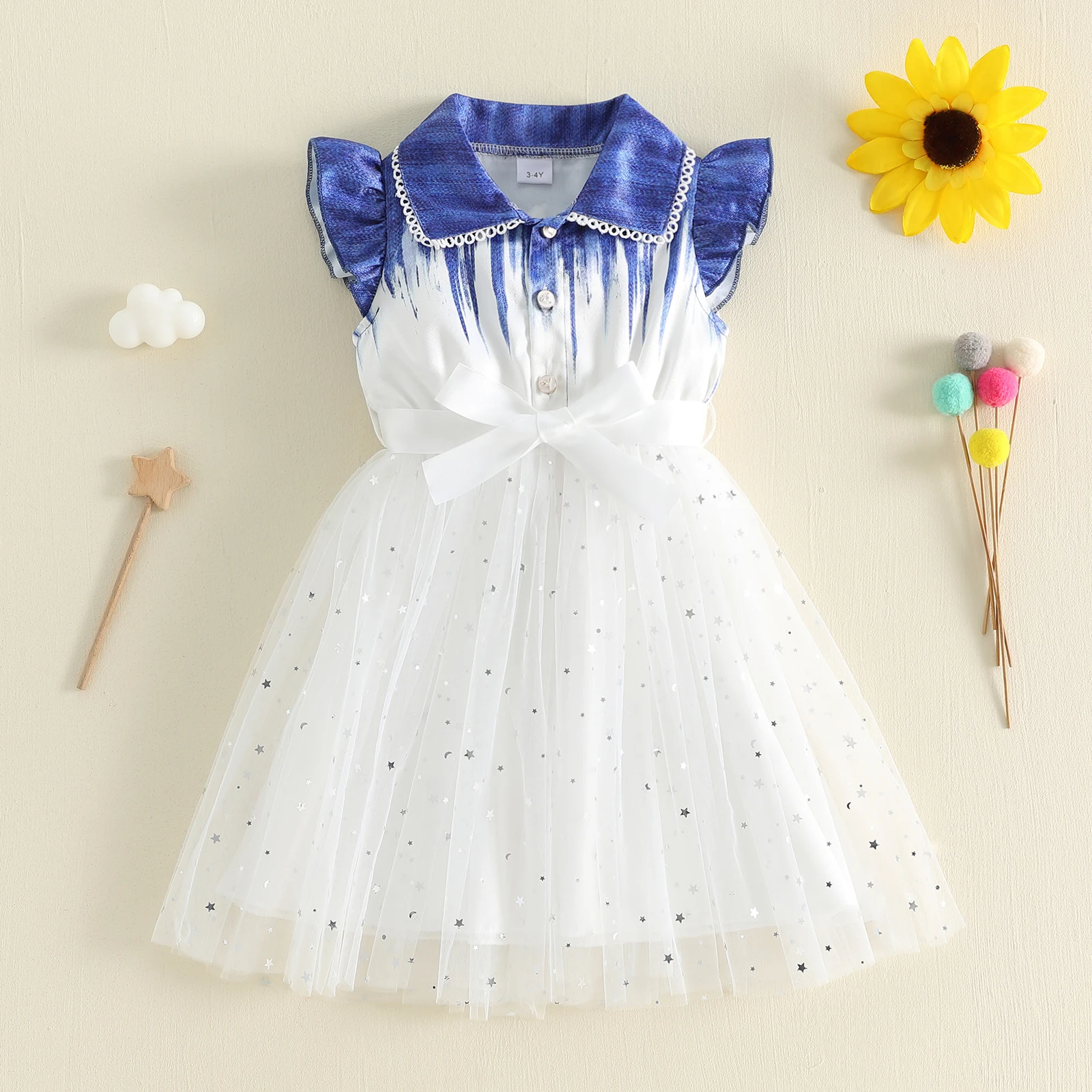 3-10Y Little Girls Star Tulle Mesh Dress Summer Kids Fashion Fly Short Sleeve Tulle Princess Party Dress with Ribbon Belt