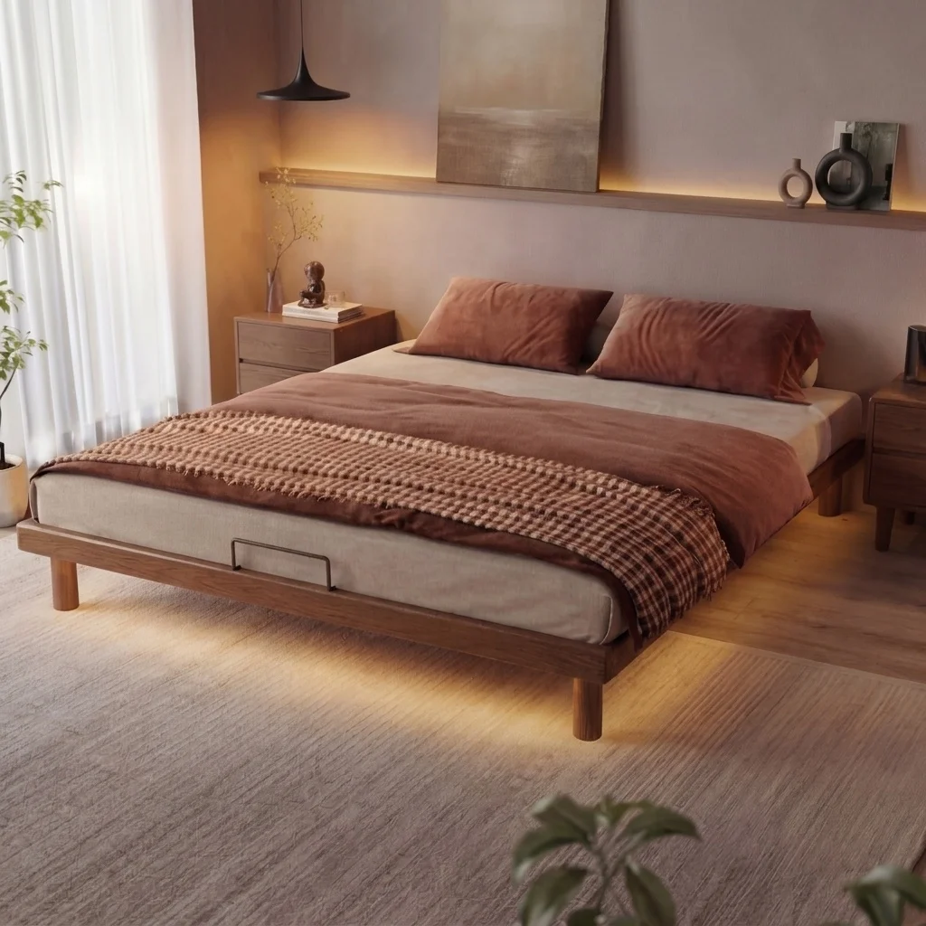 #FAS Grade Solid Wood Floating Bed-Japanese Tatami Platform Bed-Headboardless Minimalist Island Bed-LED Sensor Light Bed SMC089