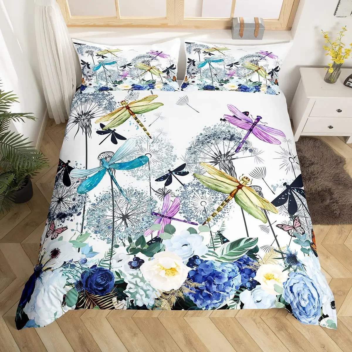 Butterfly Dragonflies Duvet Cover Set Dandelion Bedding Set Dragonfly Gift for Women Girl,Flowers Botanical Weed Comforter Cover