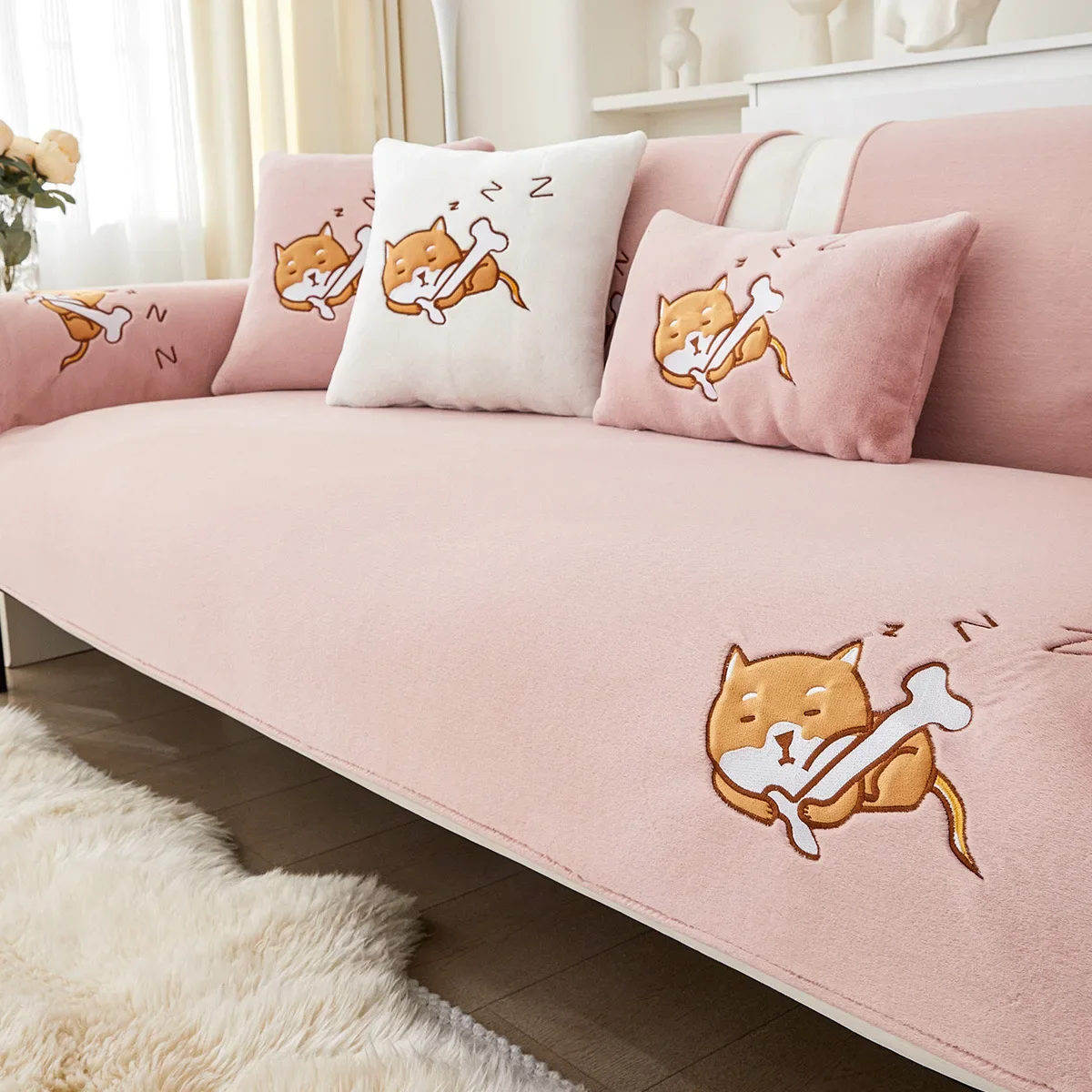 Sofa Cushion Solid Color Plush Cushion 2024 Autumn and Winter New High-grade Sense Thickened Non-slip Sofa Cover Cover Cloth