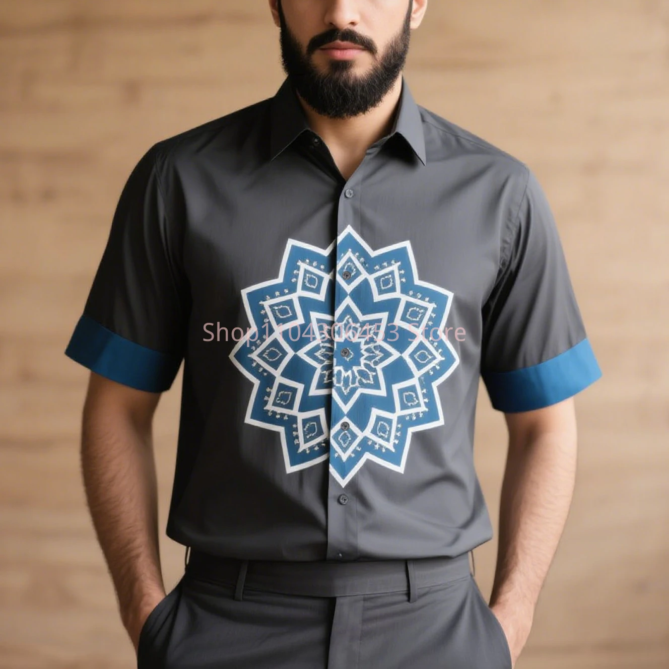 New Men Simple Retro Fashion Ethnic Pattern Printed Short-sleeved Lapel Shirt Light Breathable Light Color Business Casual Party