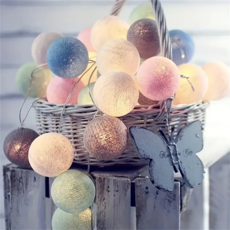 

10/20LED Cotton Ball Garlands Fairy Lights String Battery Power Outdoor Wedding Party Valentine's Day Room Ramadan Decoration