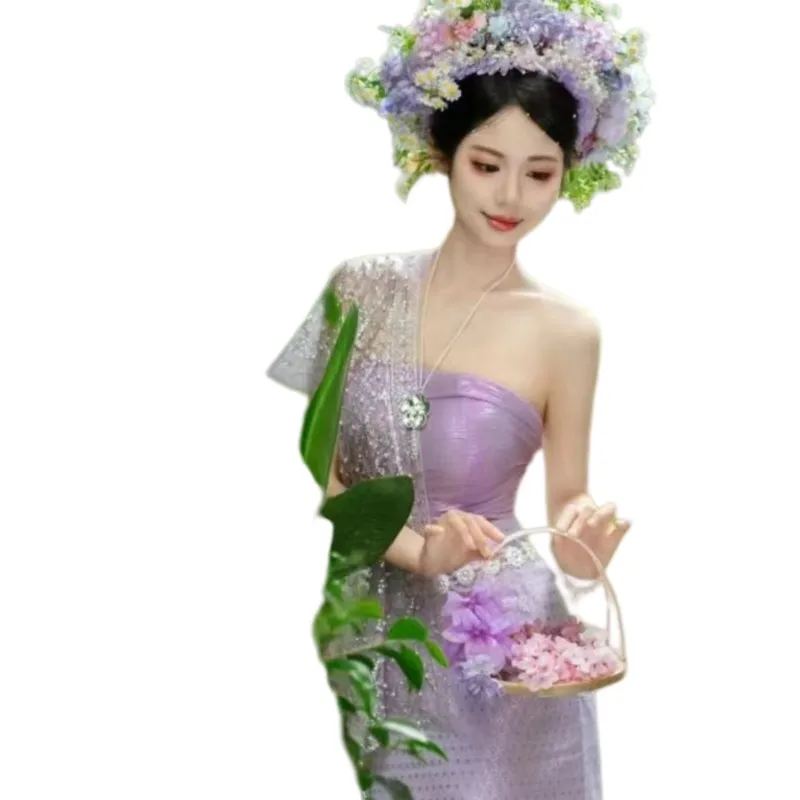 Thailand Vintage Traditional Festival Clothing Dance Dress Set Thai Women Festival Sexy Vacation Purple Photography Dress view 5