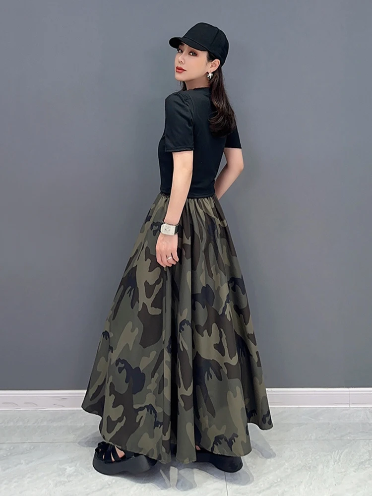 SHENGPALAE Camouflage Skirt For Women Fashion Trend Elastic Waist Casual Loose A-line Ankle Length Skirts Spring 2024 New 5R4003