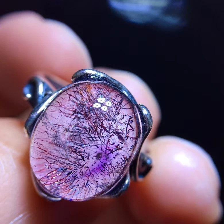 Natural Purple Super Seven 7 Red Lepidocrocite Quartz Adjustable Ring12.8/10.3mm Red Rutilated Women Men Jewelry AAAAAA