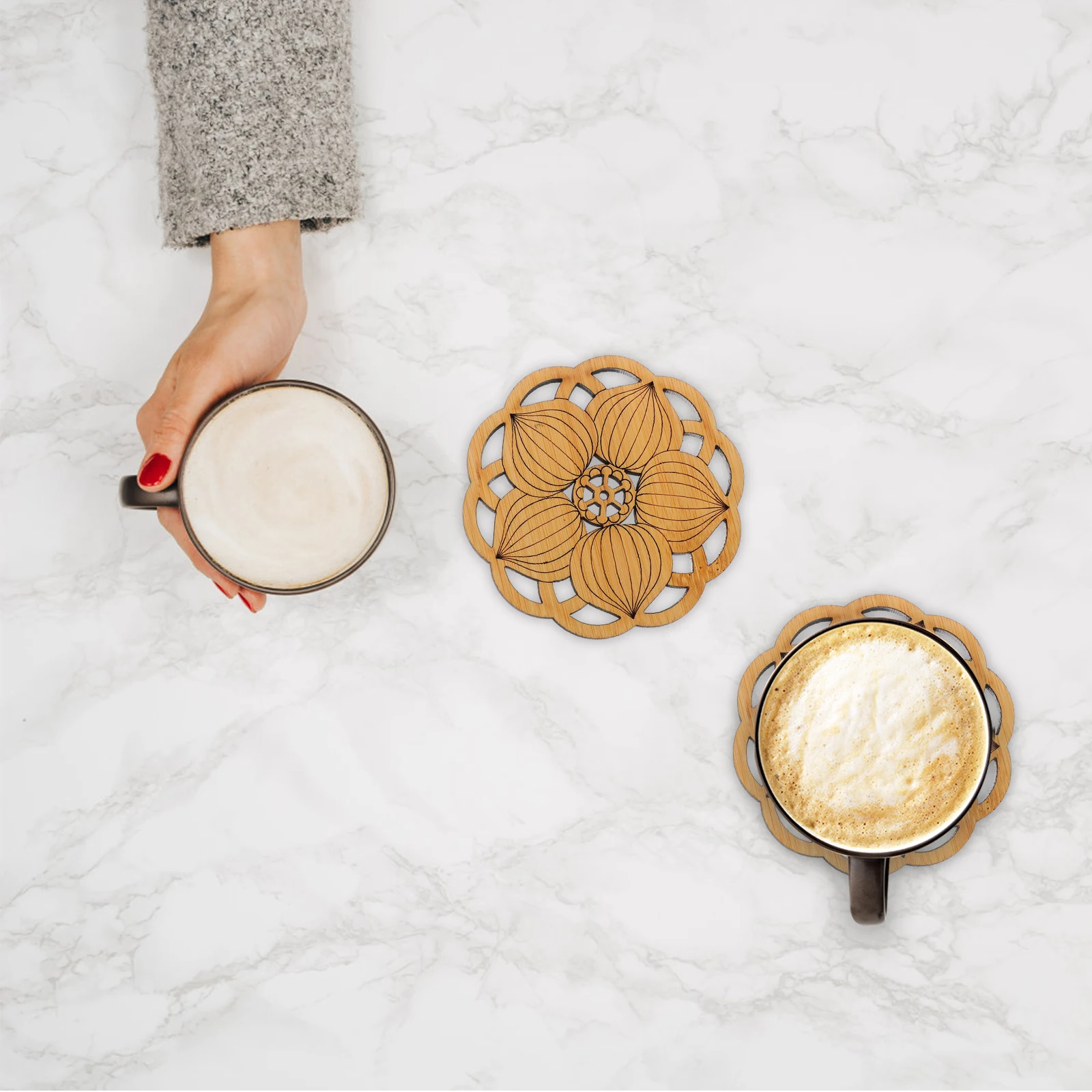 

1 set 1 Set Bamboo Lotus Coasters Coffee Table Protective Cup Mats Anti-Skid Reusable Beverage Coaster Set With Holder Sturdy
