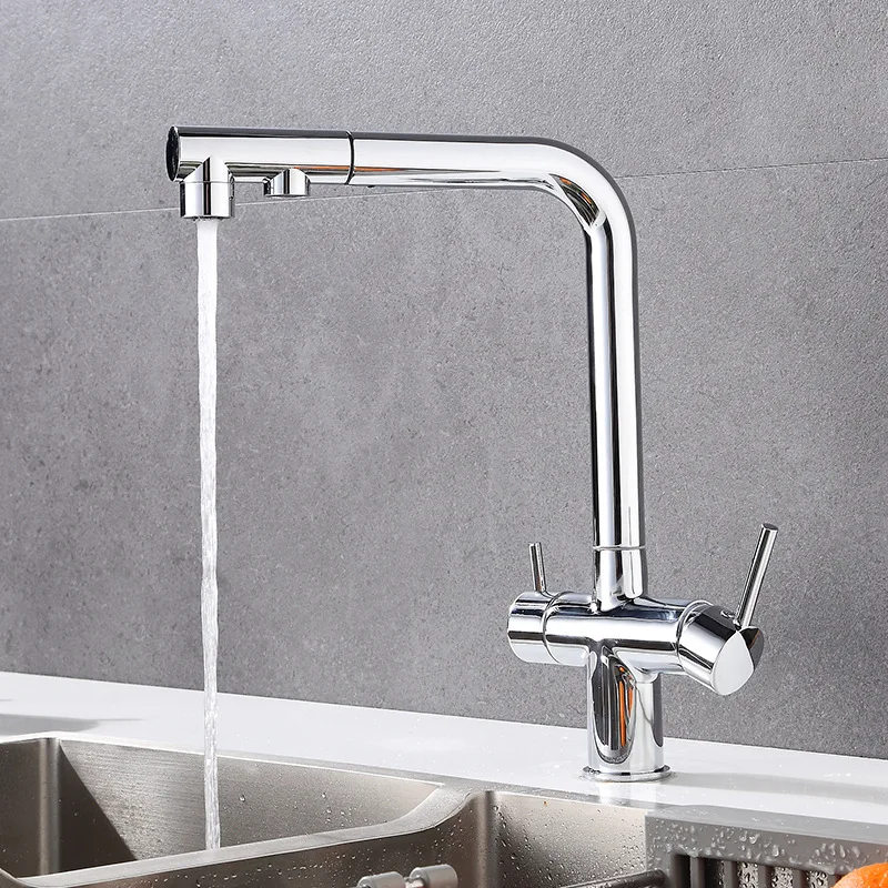 Filtered Kitchen Sink Faucet Pull Out Spray 360 Rotation Water Filter Tap Dual Sprayer Drinking Water Tap Vessel Sink Mixer