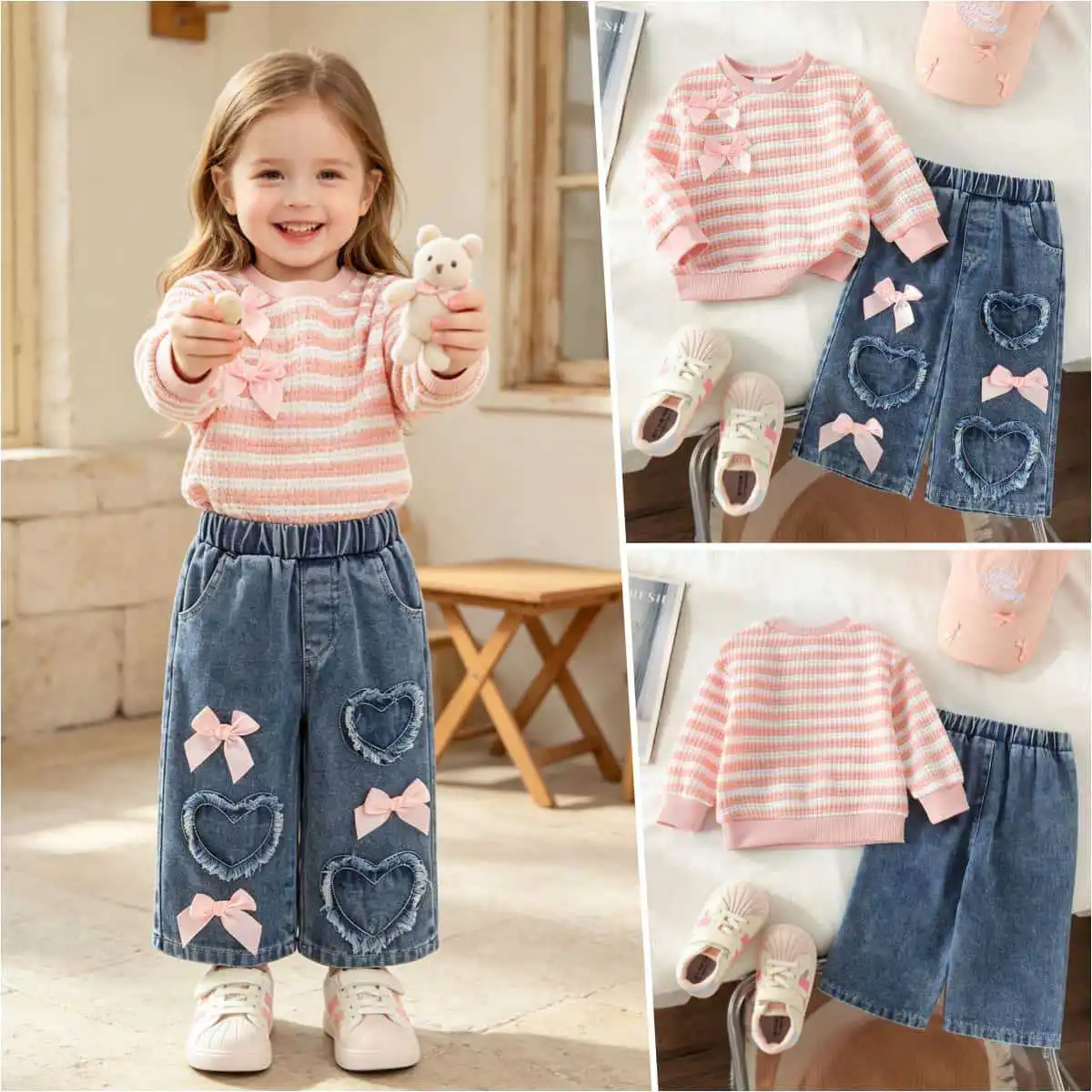 2026 New Girls' Spring and Autumn New Sweet Pink Long Sleeve Top Washed Cowboy Pants Two Piece Set