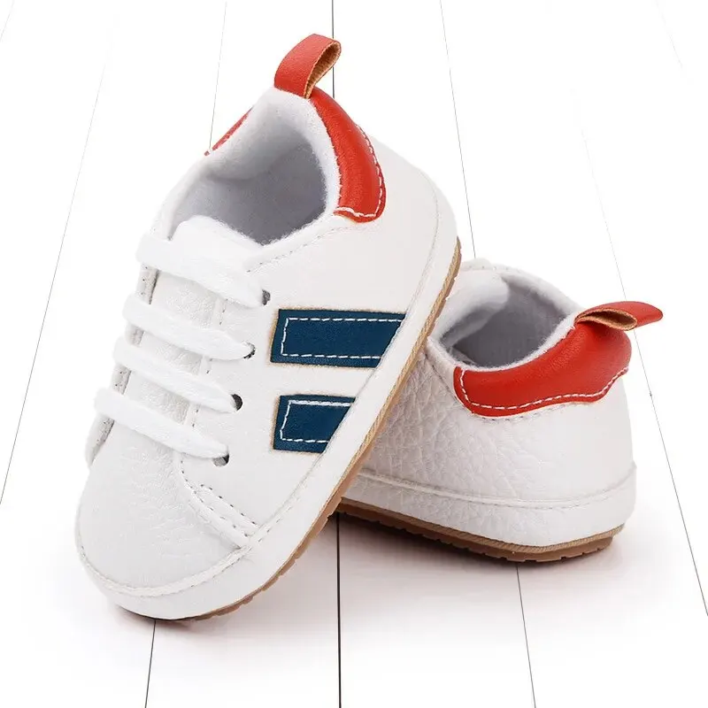 Meckior Striped Baby PU Leather Casual Sneakers Toddler Shoes Newborn Non-slip Rubber Sole Lace-up Infant Boy Girl Shoes