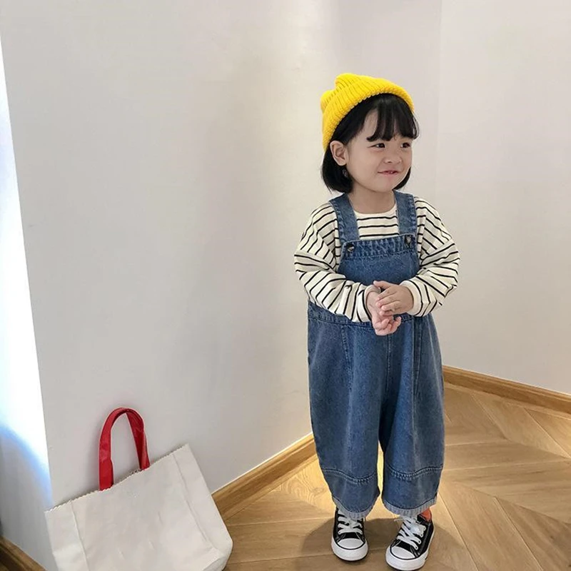 Baby Girl Spring Autumn Korean Style Loose Jumpsuit Boys Girls Universal Denim Overalls Children Fashion All Match Ninth Pants