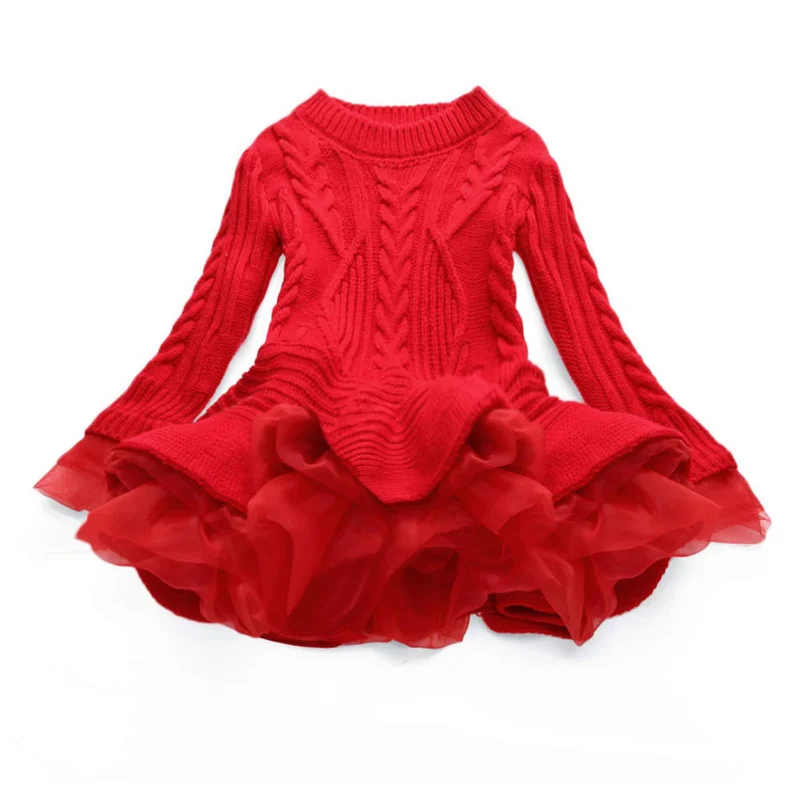 Vestido feminino de malha manga comprida, traje quente infantil, plissado, Natal, festa de aniversário, vermelho