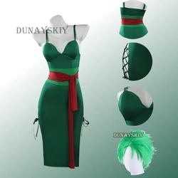 Anime Roronoa Zoro Cosplay Costume Wano Kuni Country Disguise For Adult Female Green Dress Outfits Woman Sexy Halloween Suit