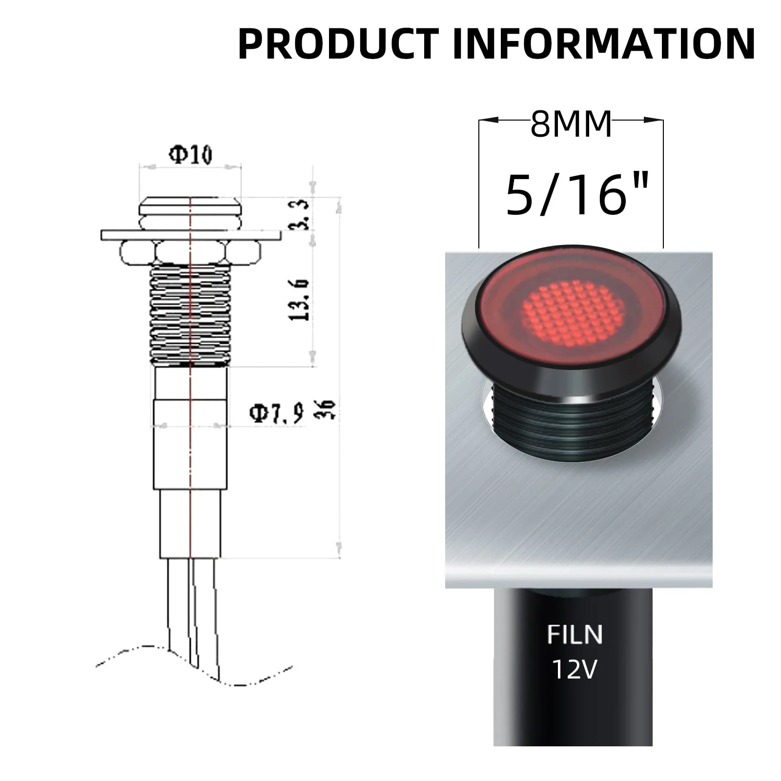 5 sztuk/partia 8mm Metalowa Lampa Ostrzegawcza LED IP65 Wodoodporna 12-24VDC/110-220VAC Do Montażu Panelowego, Sygnalizacyjna Lampka do Deski Rozdzielczej w Łodzi/Samochodzie