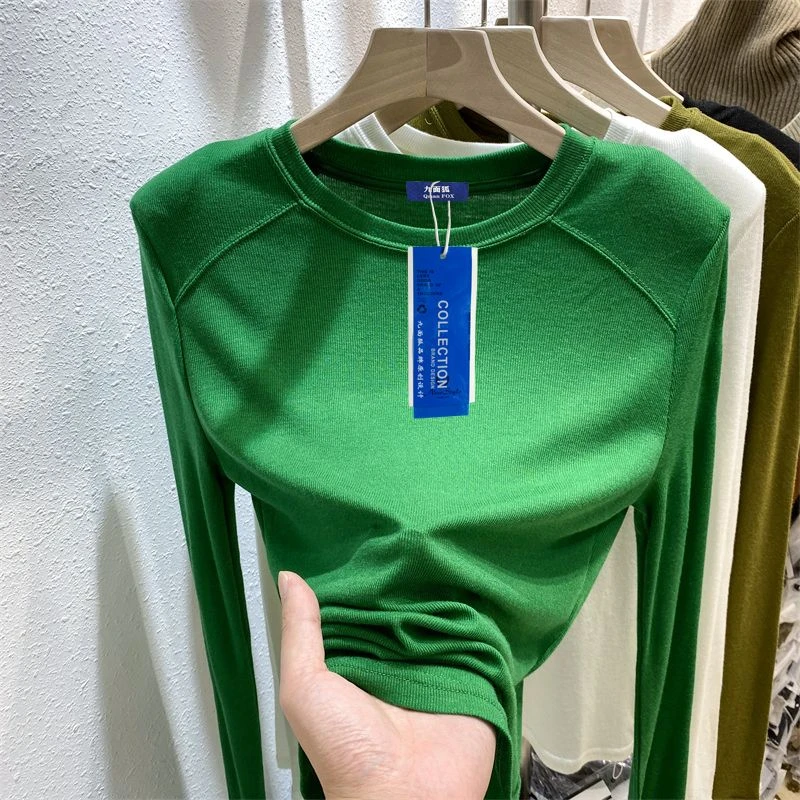 

Women's T-shirt Long Sleeve Thin Soft O Neck Autumn 2025 Blouse Solid Color Green Fashion Elasticity Slim Shirts for Women