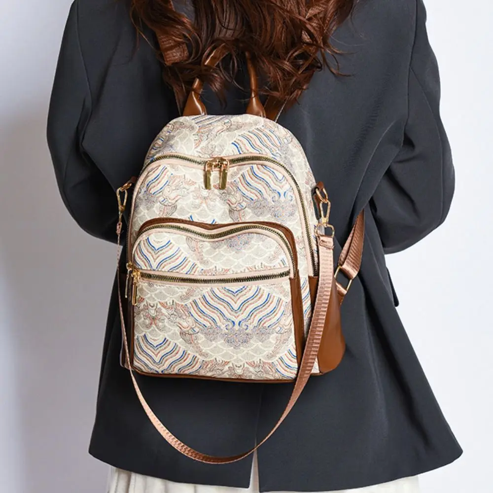 Large Capacity Women Casual Backpack Top Handle Pu Ethnic Style Shoulder Bag Embroidery Printed All-match Mini Travel Backpack