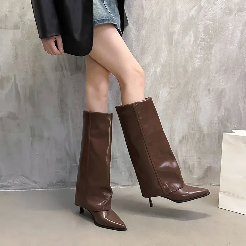 New high-heeled women's shoes fall women's knee-high boots modern knight pointed shallow mouth high boots