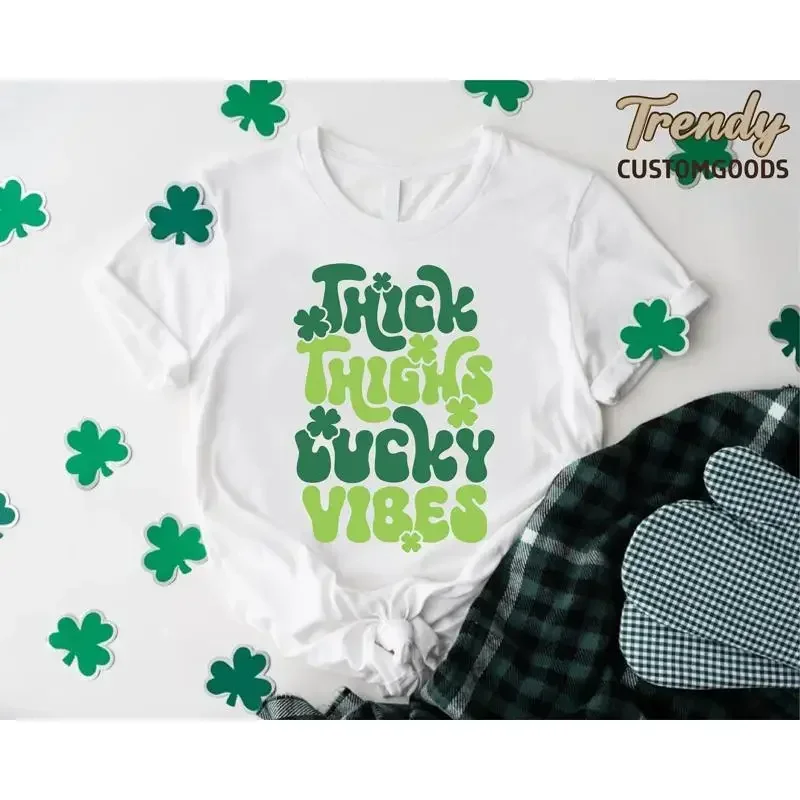 Funny St Patricks Day T Shirt Thick Thighs Lucky Vibes Retro Irish Shamrock Happy Pattys