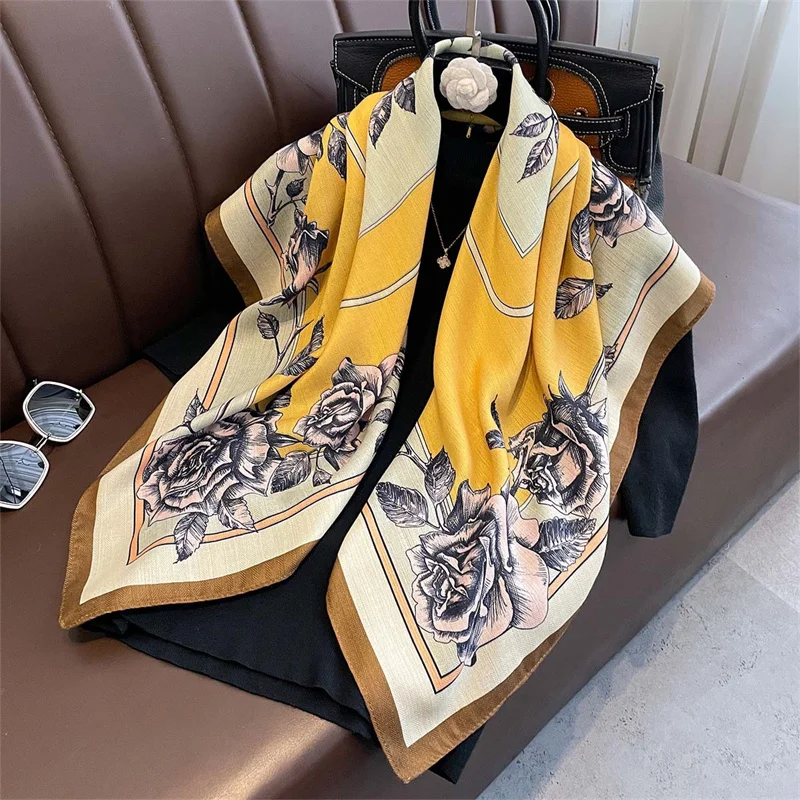 Fashion Double-Faced Scarf Retro Print Designer New Large Square Scarves 90cm Shawl Headscarf Luxury Bandana