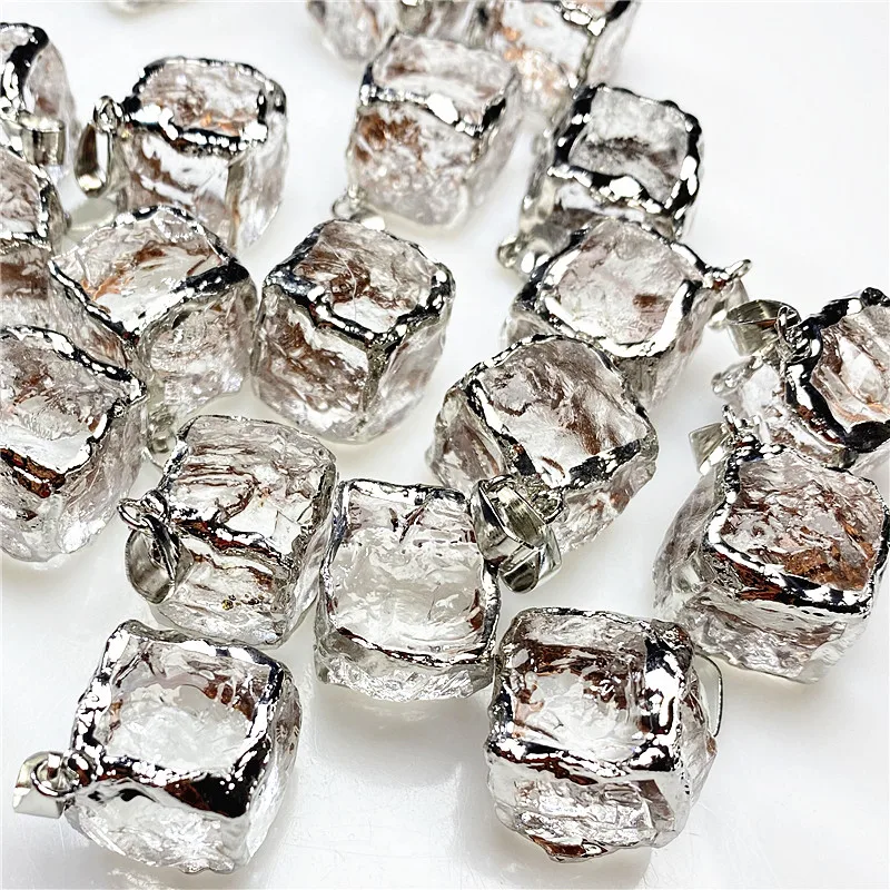 

Cube hand knock ice cube white crystal rough stone polished pendant