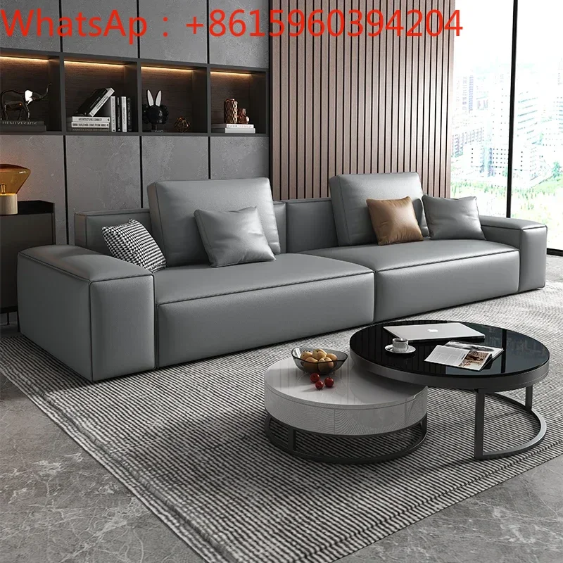 Small leather sofa, modern living room, first floor, cowhide Italian minimalist, three- or four-seater inline tofu block sofa