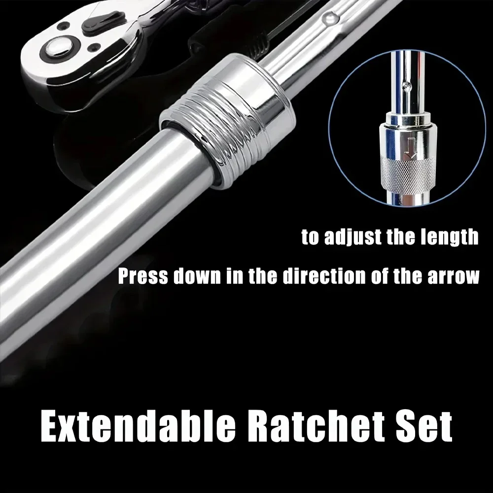 Retractable 72-Tooth Ratchet Set, 1/4", 3/8", 1/2" Drive with Rotating, Reversible Socket Wrench - Mechanical Tool